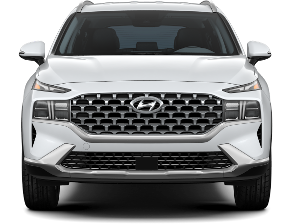 Front view of a white Hyundai Santa Fe.