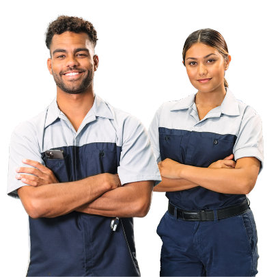 Two Hyundai technicians standing with arms crossed, smiling confidently.