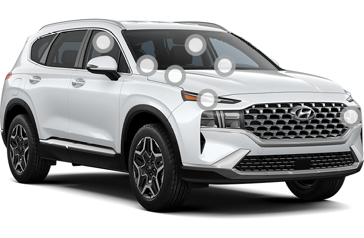 Front 3/4 view of a white Hyundai Santa Fe.