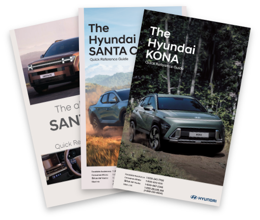 Hyundai Santa Fe, Santa Cruz, and Kona vehicle manuals displayed side by side.